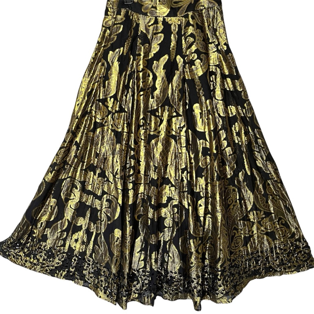 Soft Surroundings Maxi Skirt Metallic Gold Black Beaded Hem Lined Size S